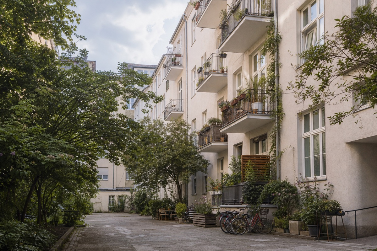 Begrünter Berliner Innenhof mit Wohnhäusern und Fahrrädern – Mitgliedschaft bei der Mietervereinigung Berlin e.V.