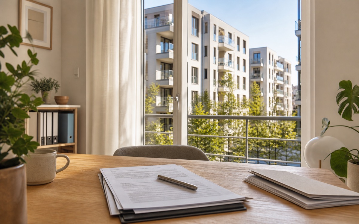 Heller Berliner Wohnraum mit Mietunterlagen und Blick auf einen modernen Wohnbau als ruhiger Kontext für mietrechtliche Beratung.