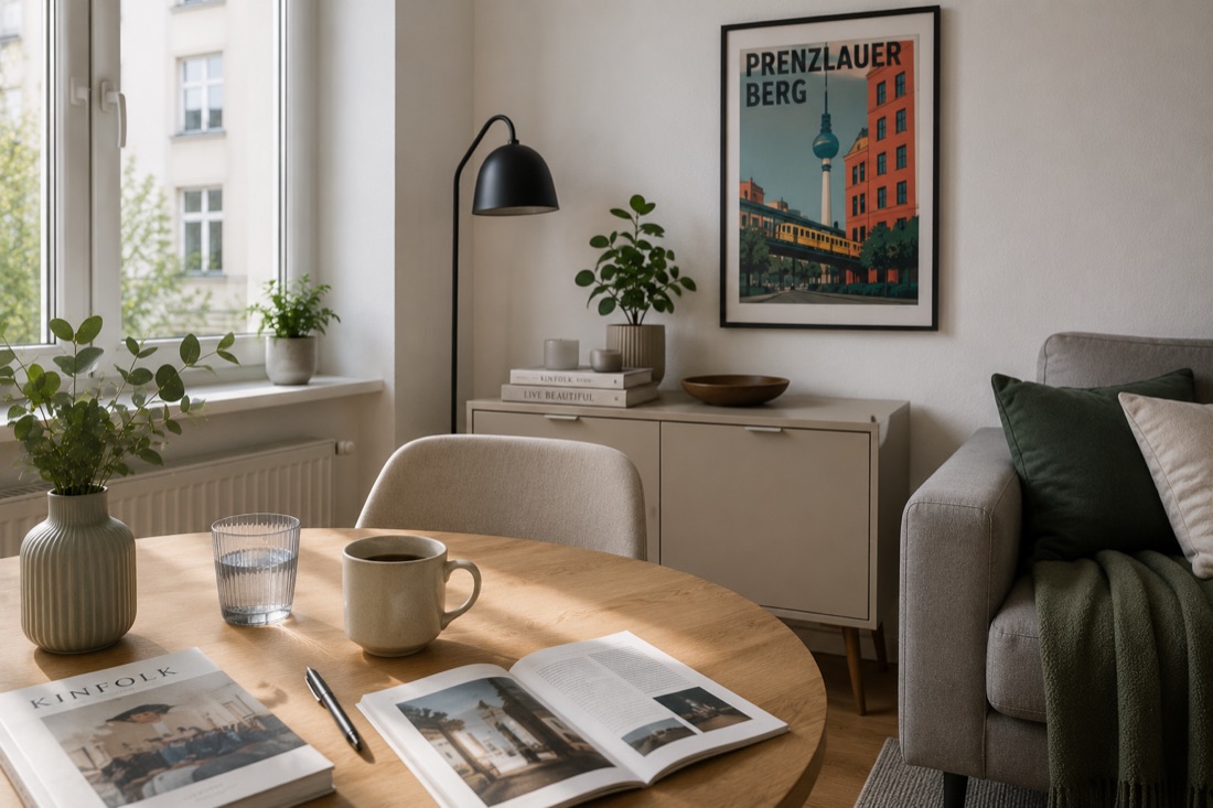 Wohnzimmer in einer Berliner Wohnung mit Unterlagen auf dem Tisch als ruhiger Kontext für mietrechtliche Beratung.