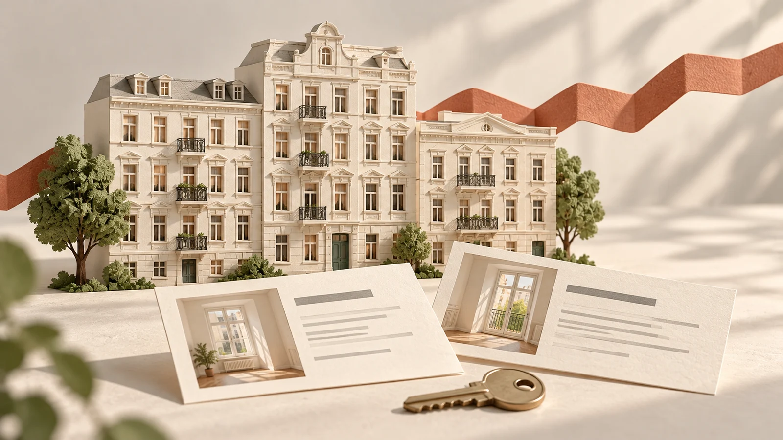 KI-Symbolbild: Berliner Papiermodell-Wohnhäuser, Wohnungsanzeigen und ein terrakottafarbenes Band als Sinnbild steigender Angebotsmieten.
