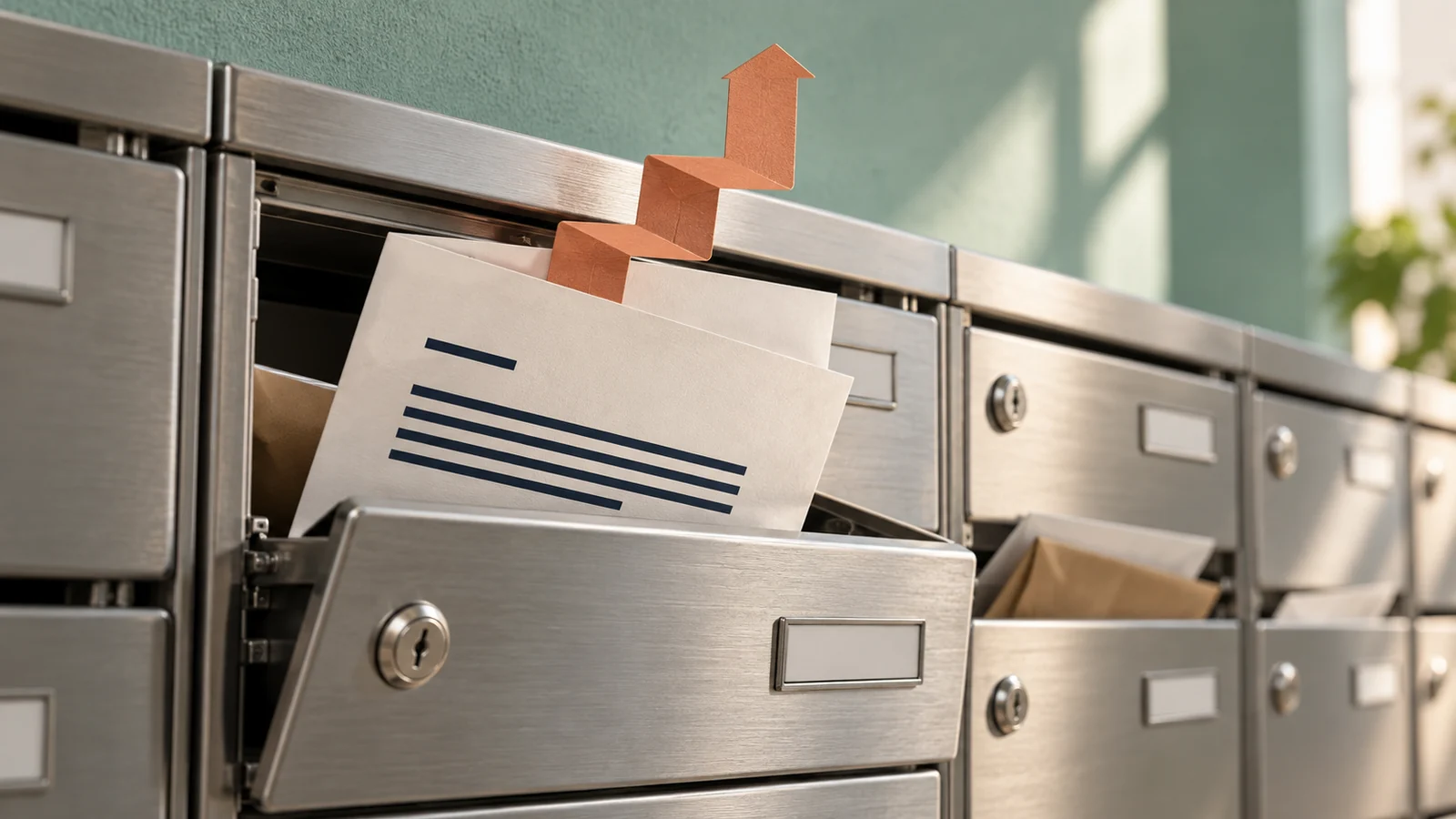 Mietschreiben im Briefkasten mit zurückhaltendem Aufwärtspfeil.