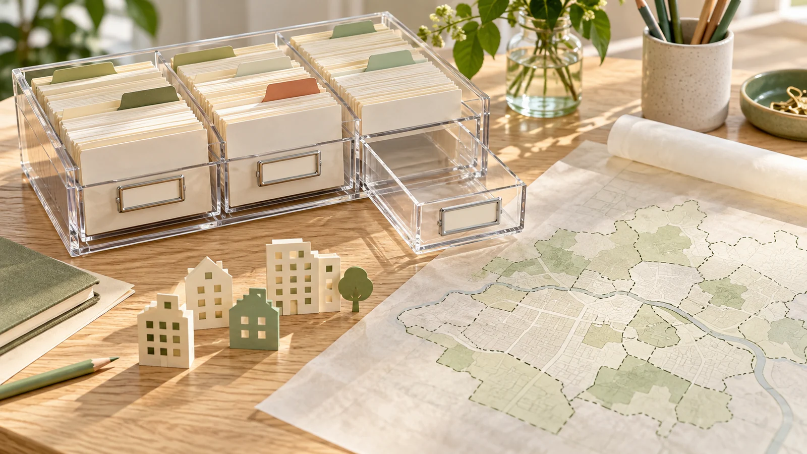 Karteikarten und Stadtplan als Symbolbild für ein geplantes Wohnungsregister.
