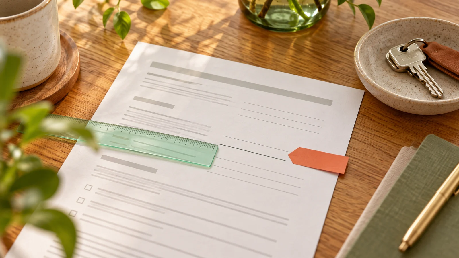 Mietunterlagen, Schlüssel und transparenter Maßstab auf einem Tisch.