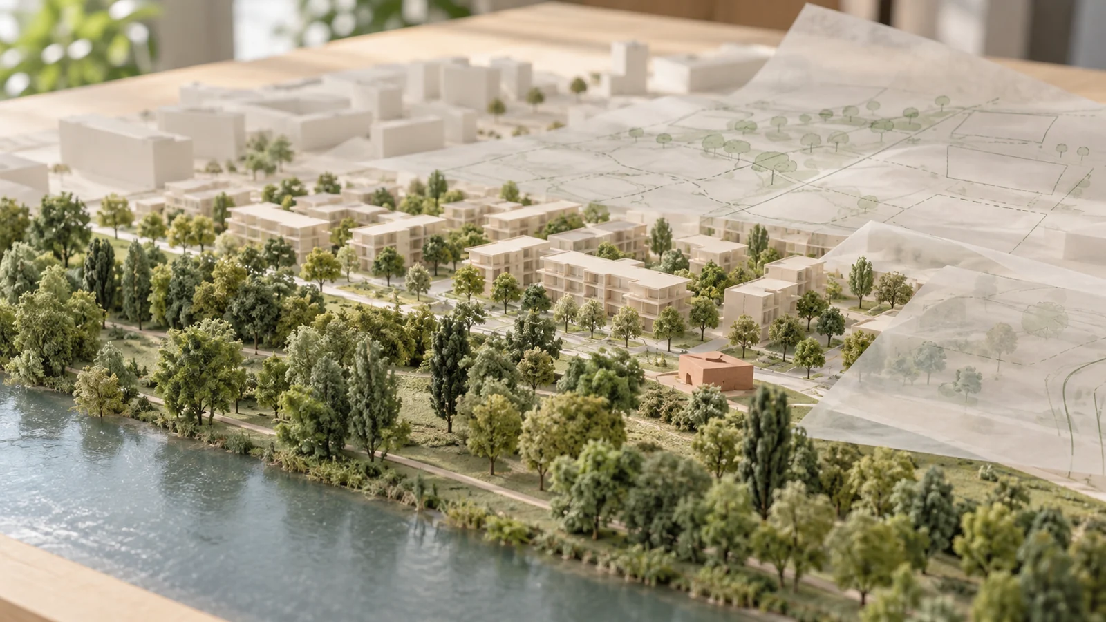Architekturmodell eines geplanten Quartiers mit Grünflächen.