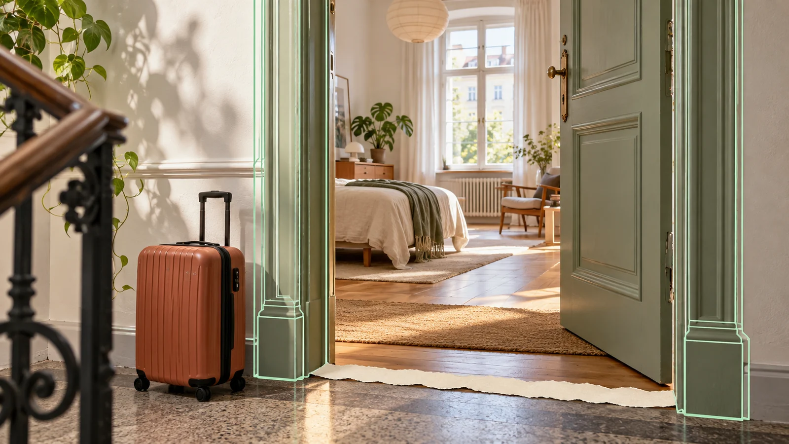 Koffer vor der offenen Tür zu einer möblierten Wohnung.