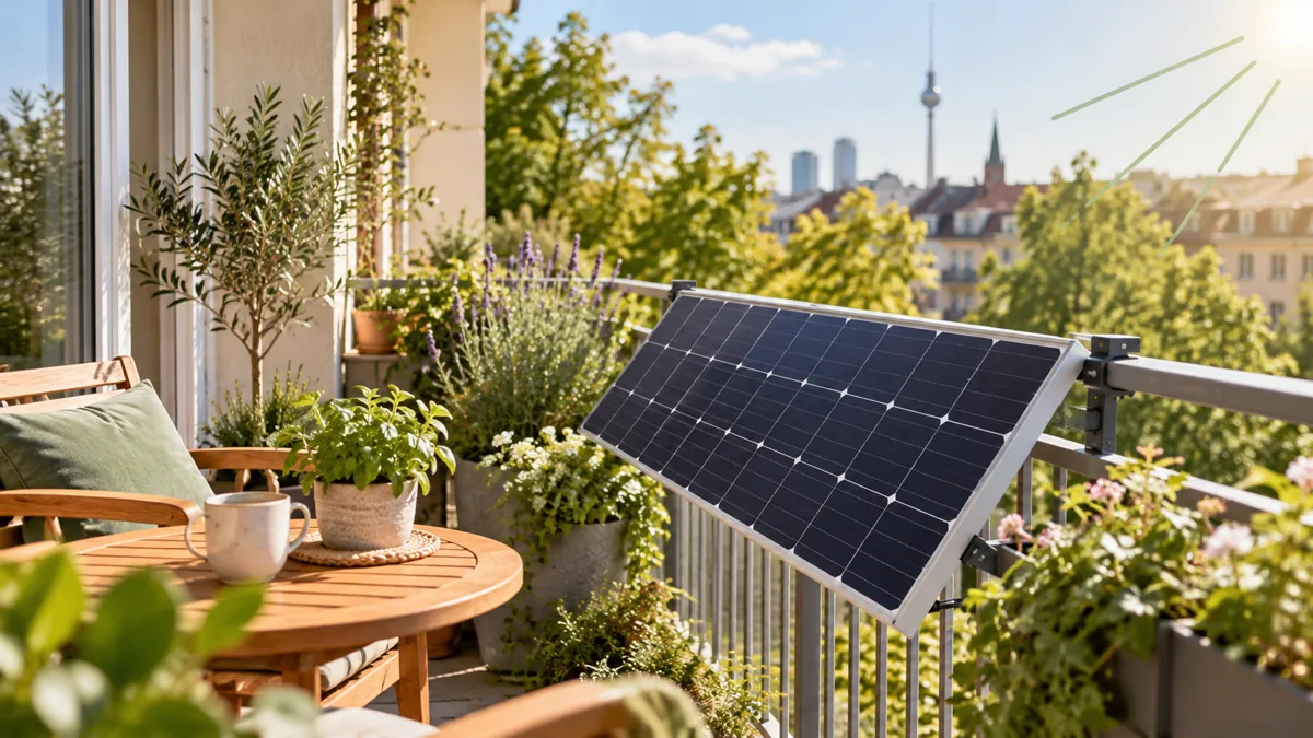 Solarpanel an einem Berliner Balkongeländer.