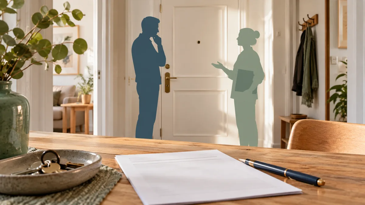 Wohnungstür mit Papierfiguren und einem Kündigungsbrief.