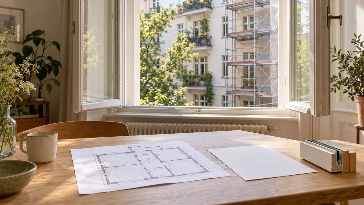 Bauplan und Fensterprofil auf einem Tisch, dahinter ein Berliner Altbau mit Gerüst.