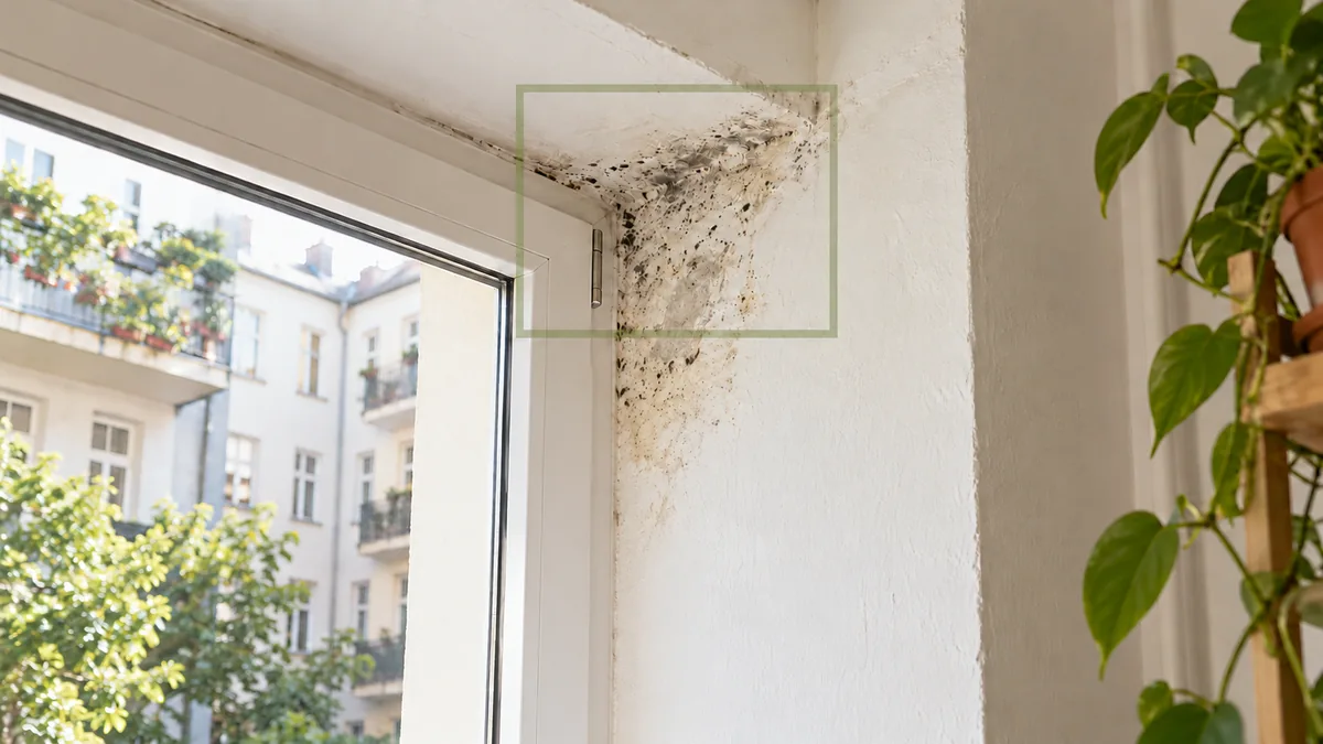 Schimmelbefall an einer hellen Fensterlaibung, dezent mit einem salbeigrünen Rahmen markiert.