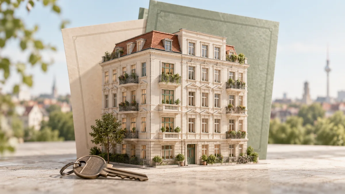 Modell eines Berliner Mietshauses vor Papierdokumenten mit einem Wohnungsschlüssel im Vordergrund.