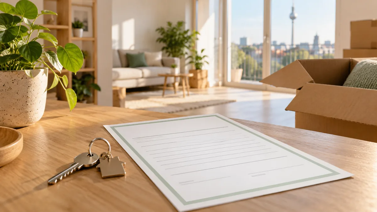 Formular zur Wohnungsgeberbestätigung neben Schlüssel und Umzugskarton.
