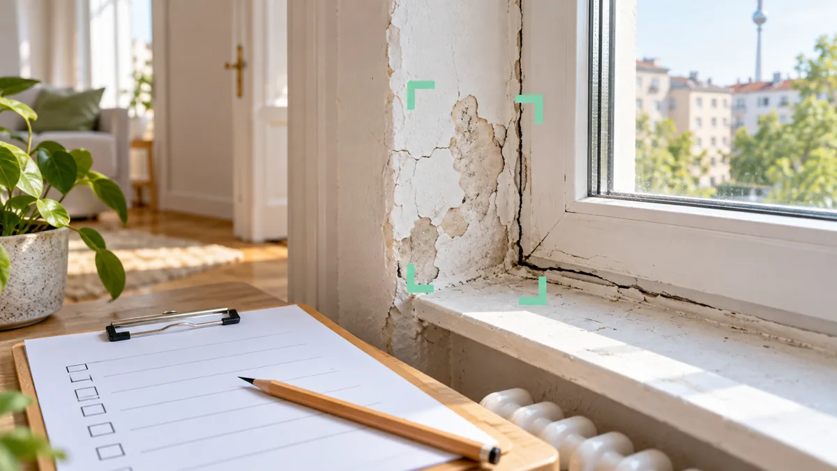 Beschädigter Putz und Fensterdichtung neben einer Checkliste.